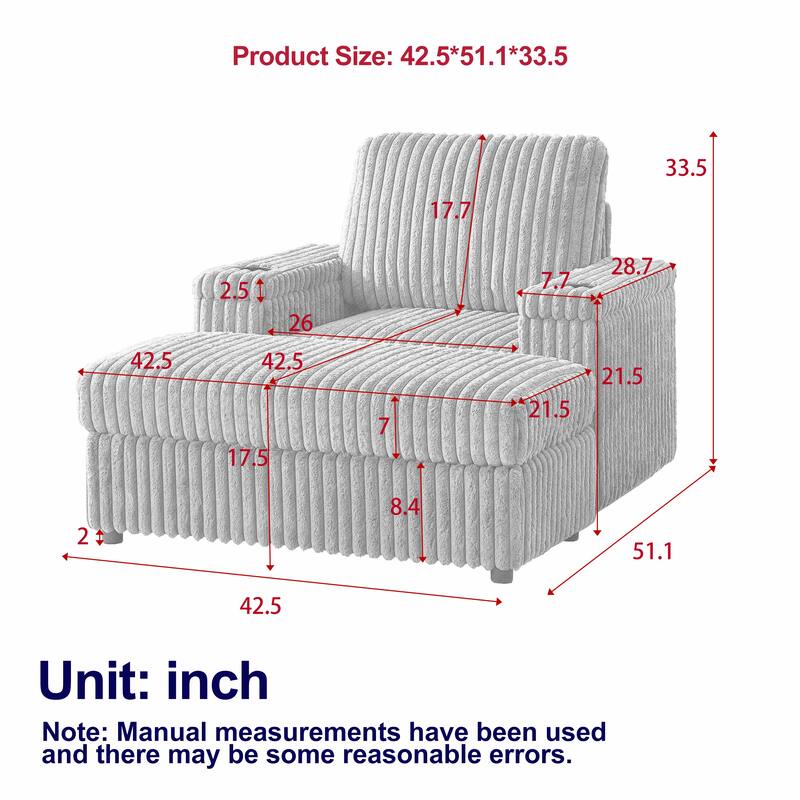 42.5-inch Corduroy single recliner with backrest pillow, cup holder design, storage footrest, comfortable sofa-deep-seated