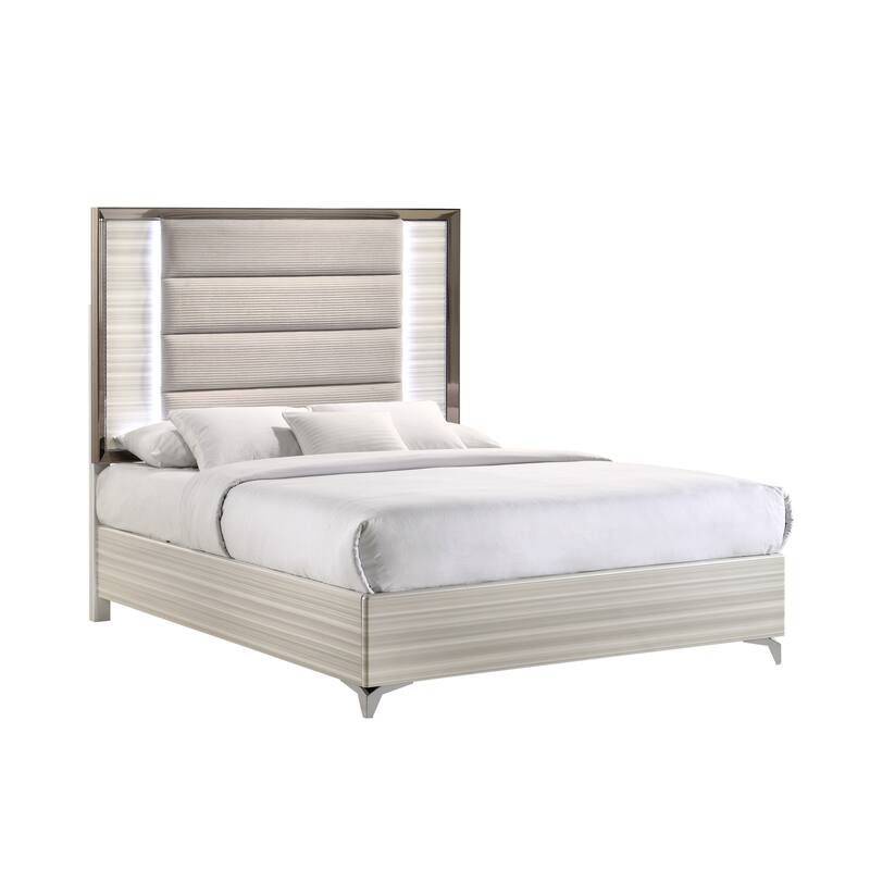 HomeRoots Beige White And Chrome Wood Upholstered Lighted Queen Bed Frame