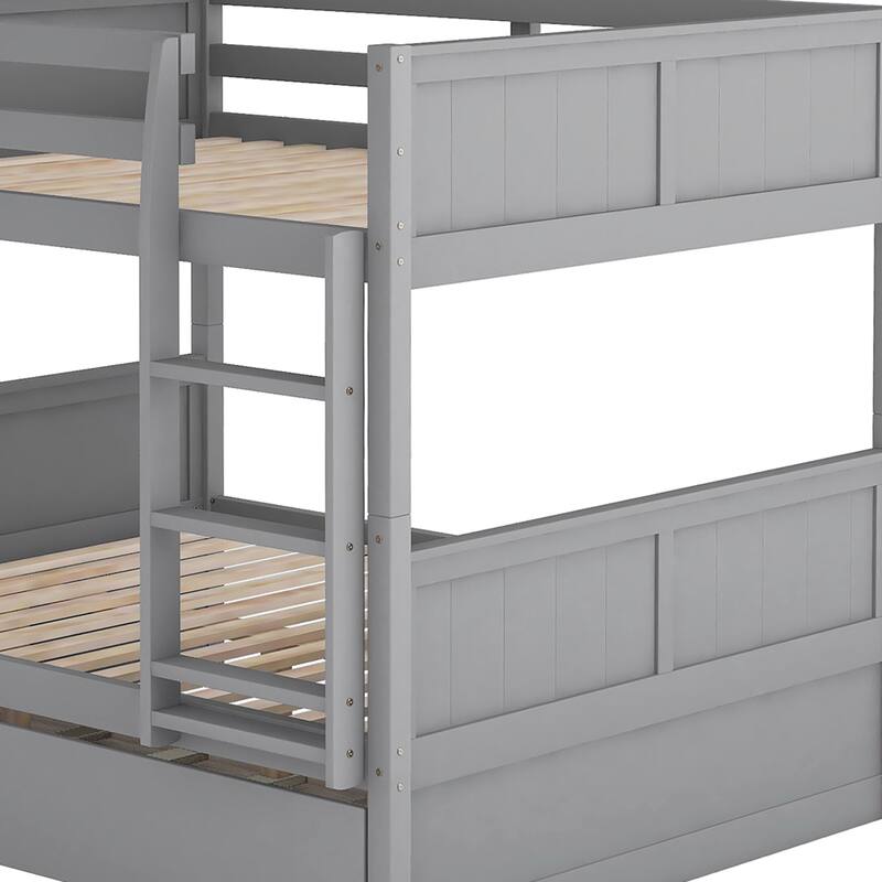 Convertible Wood Full Size Bunk Bed with Trundle & Ladder, Solid Wood Detachable Bunkbeds Frame for 3 Kids, Full Over Full Size