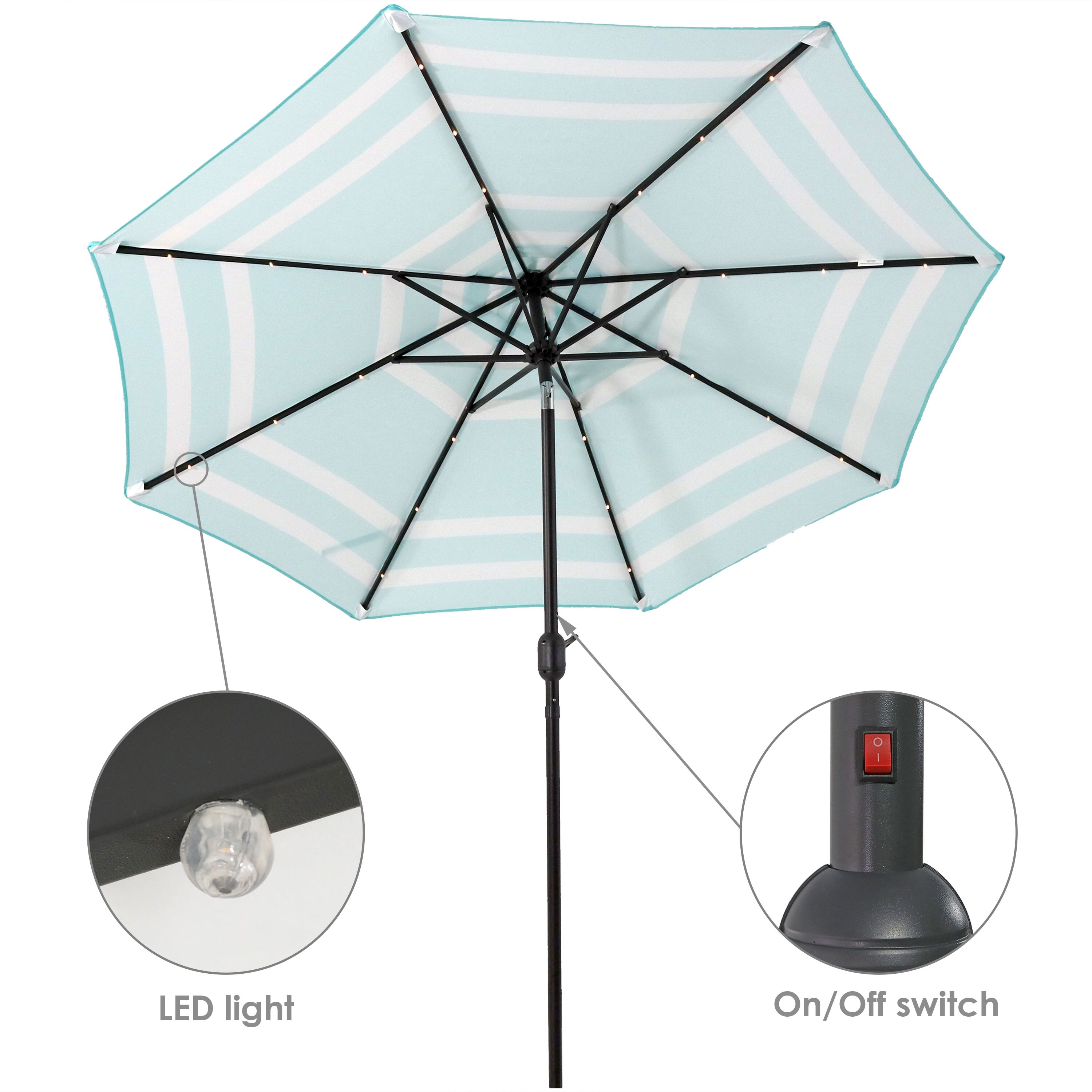 Shop Black Friday Deals On Sunnydaze 9 Aluminum Outdoor Solar Led Lighted Umbrella With Tilt Teal Stripe Overstock 23612129