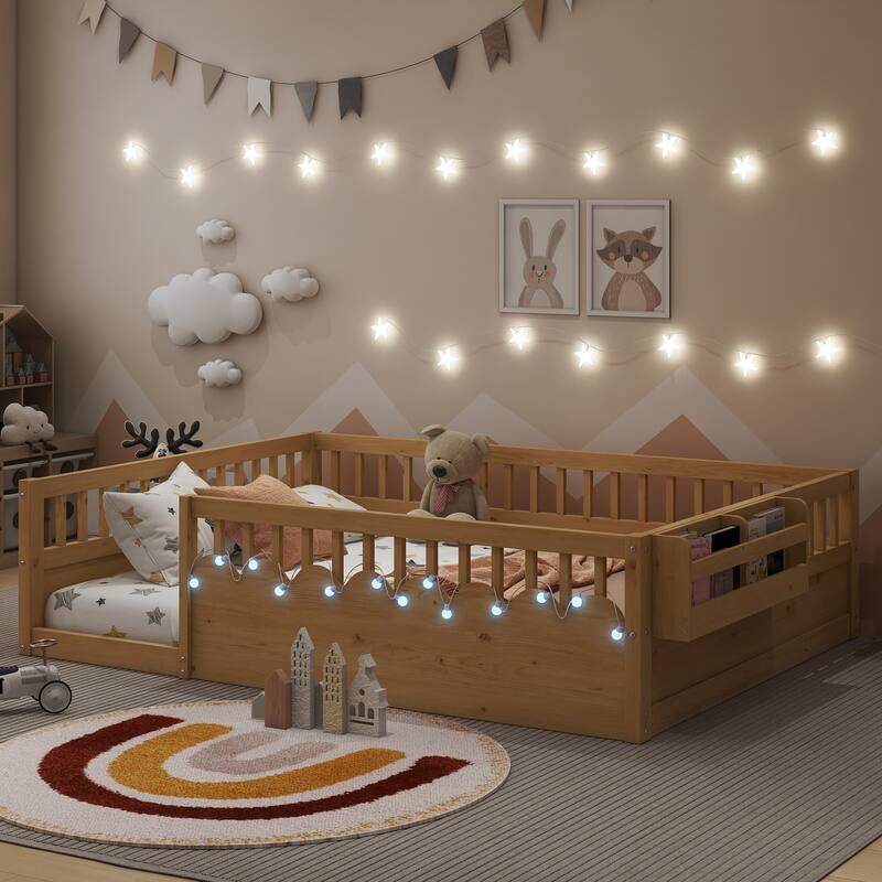 Wooden Kids Montessori Floor Bed with LED Light and Storage Shelf, No Slats