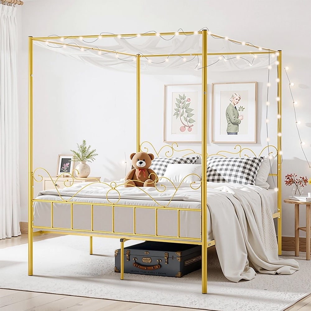 Queen Size Canopy Bed Frame Metal Canopy Bed Headboard & Four Posters