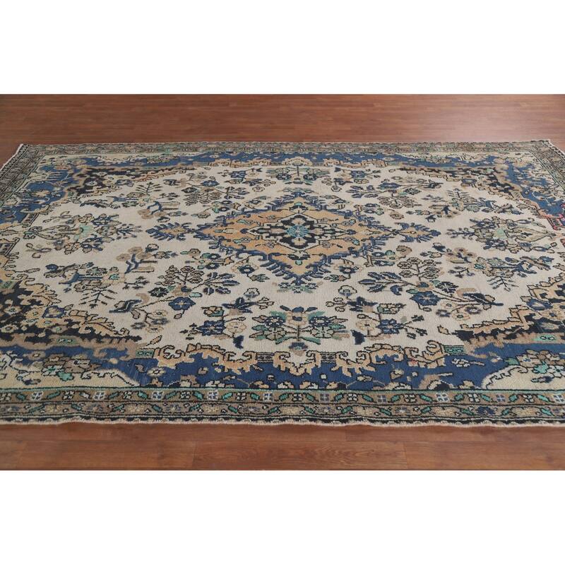 Hand Knotted Oriental 100% Wool Carpet Traditional Medallion Beige & Ivories Hamedan Area Rug - 9' 11'' X 6' 7''