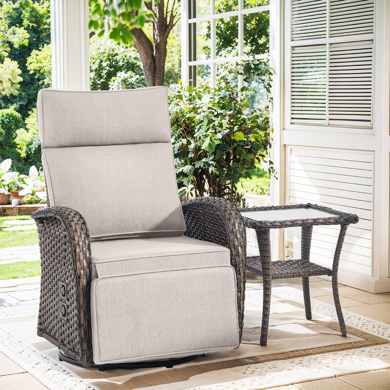 Pocassy Lounge Chair Swivel Reclining Chair with Adjustable Backrest - Beige Cushion - Browm Wicker - 1-Piece Recliner Swivel Chair with Side Table