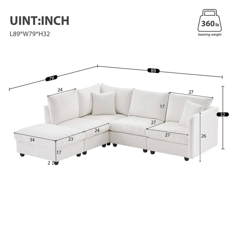 Modern L-Shape 5-Seat Sectional Sofa w/ 2 Pillows, Convertible Ottoman