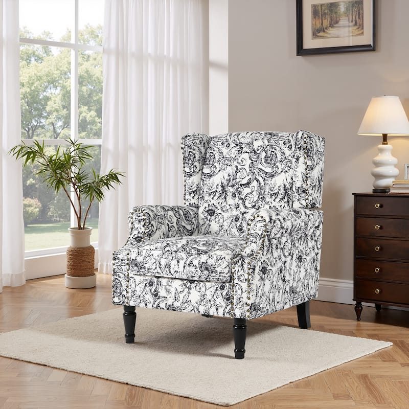 Traditional Floral Patterned Wingback Armchair with Nailhead Trim