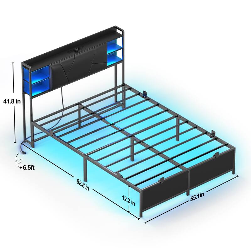 Bed Frame with Upholstered Storage Headboard,Matel Platform Bed with Charging Station and RGB LED Lights,Easy Assembly