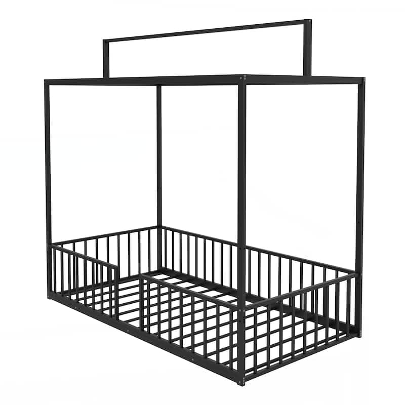 3-in-1 Convertible Montessori Metal floor bed,Fenced toddler bed with Sturdy Metal Slats Support