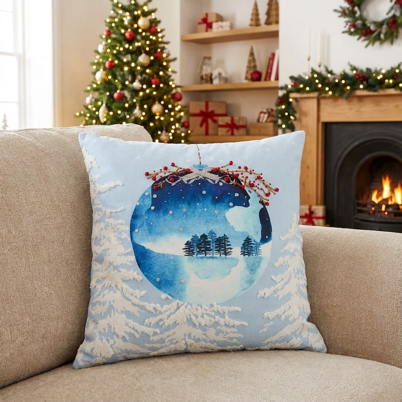 HomeRoots 20" Blue Christmas Ornaments Cotton Throw Pillow