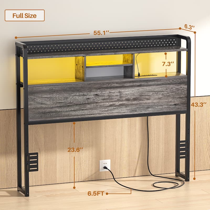 Bed Headboard with Storage Shelf and Charge Station, Height Adjustable Headboard with LED Light