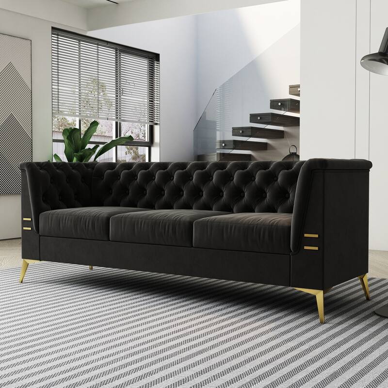 82'' Velvet 3 Seater Chesterfield Sofa Couch with Gold Metal Legs, High Rebound Sponge and Removable Cushions