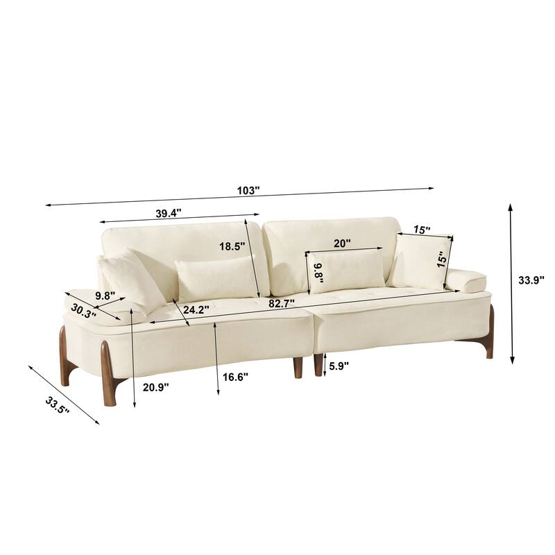 103" Foam 3-Seater Sofa with 4 Pillows, Solid Wood Frame, 600lb Capacity