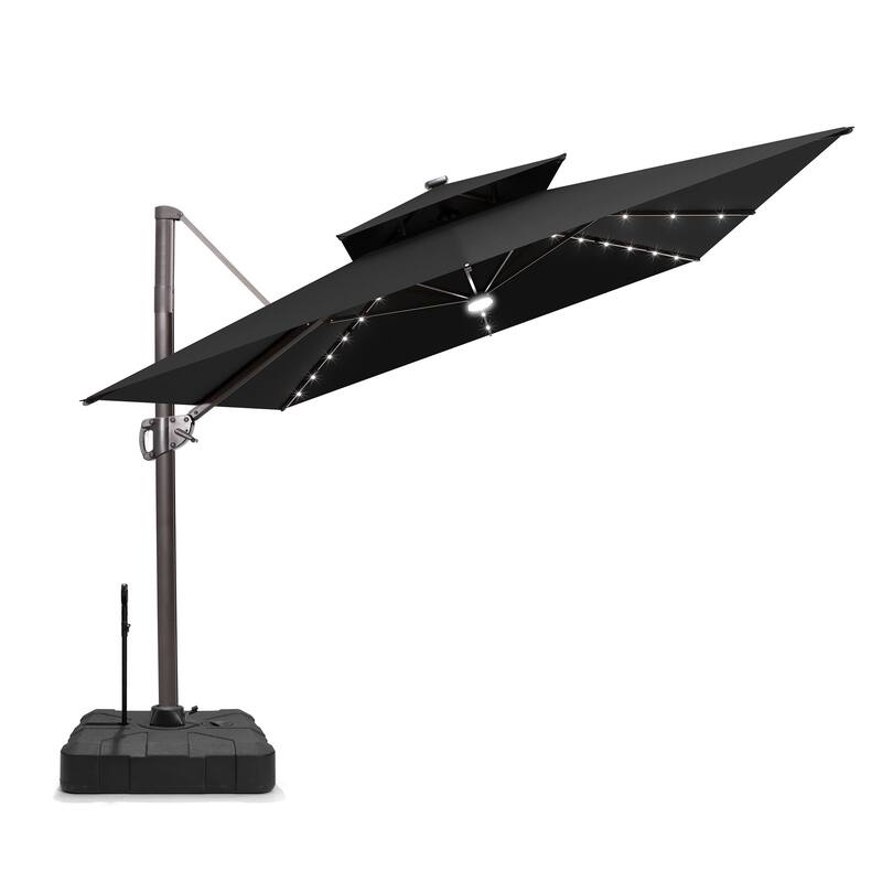 9 X 11 FT Outdoor Patio Cantilever Umbrella with Solar Lights Rod Wheel Base Double Canopy 360 Rotation Tilt