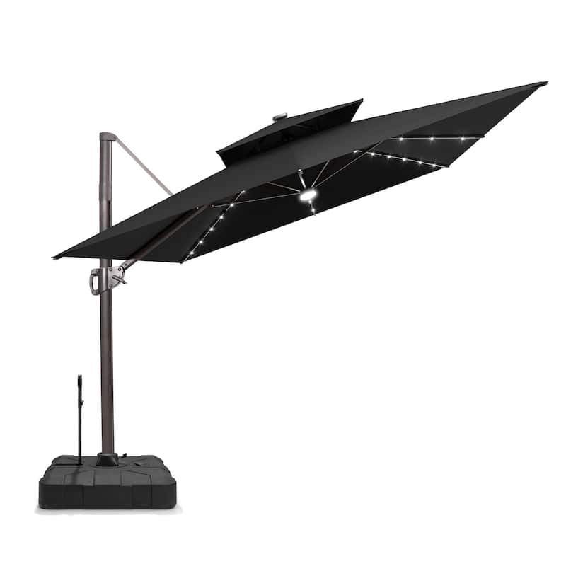 Pellebant 9x11 FT Outdoor Patio Double Top Cantilever Umbrella Solar LED Lighted with Rod Base - Black