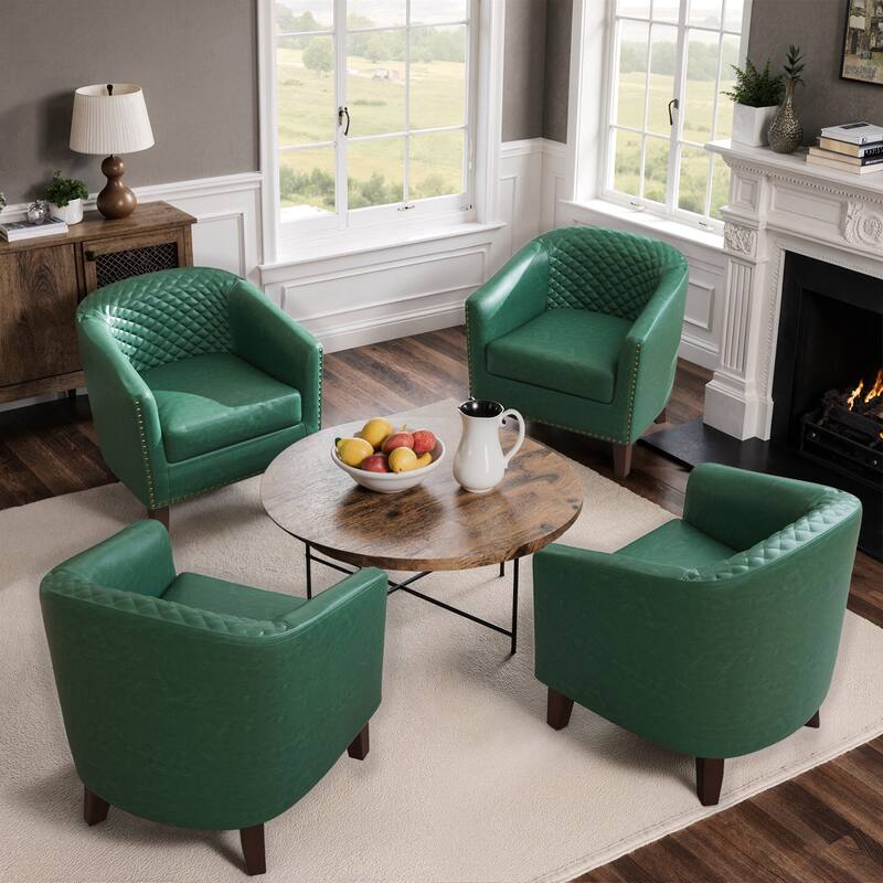 Modern Leather Nailheads Trim Barrel Accent Chairs with Wood Legs - 4 Set - Green