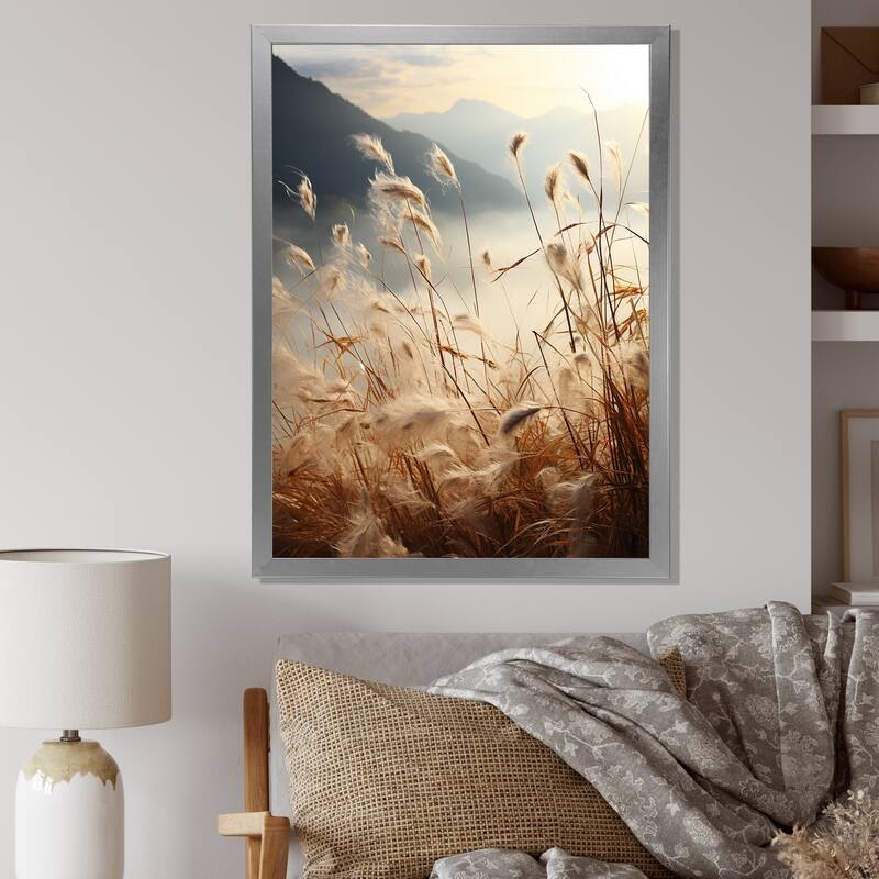 Designart "Ivory Island Meadows Mountain View" Palms & Palm Trees Framed Canvas Prints - 12 in. wide x 20 in. high - Silver
