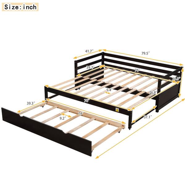 Twin Daybed with Trundle Wood Extendable Day Bed Frame Twin to Double