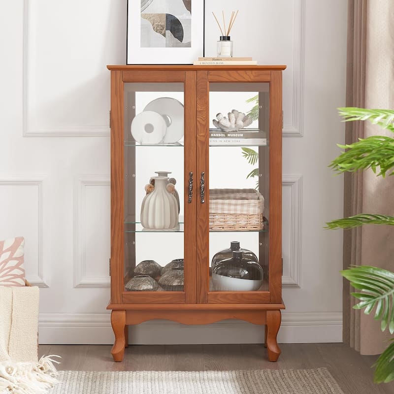 Roomfitters 2 Doors Curio Cabinet with Tempered Glass Doors, Mirrored Back Panel, Adjustable Shelves, Lighted Display Cabinet