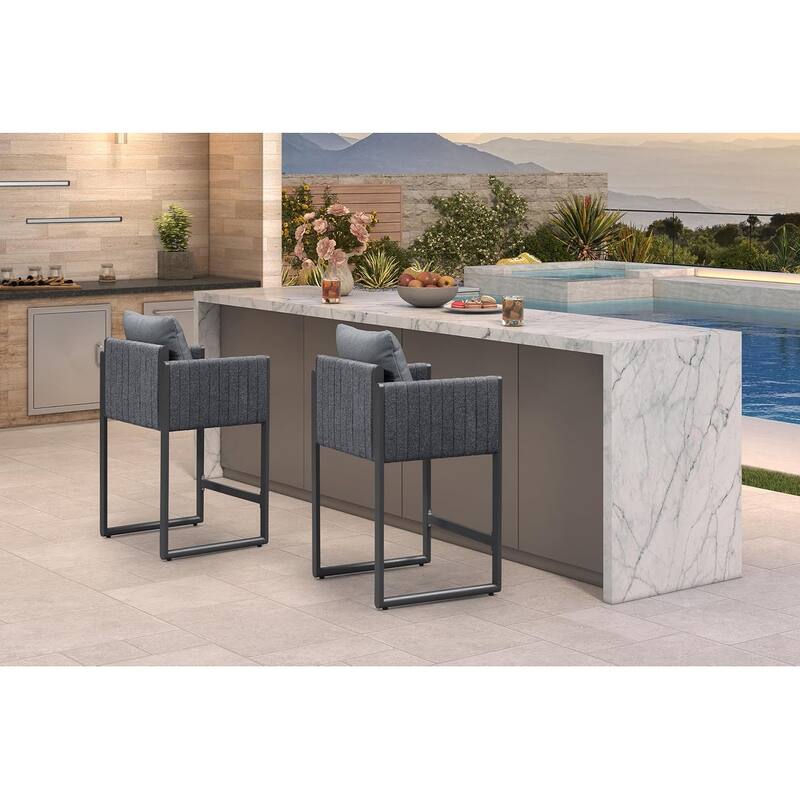 PURPLE LEAF Bar Stool Set of 2 Outdoor Rattan Bar Chair with Back Metal Bar Height Stool Wicker Barstool Dark Grey