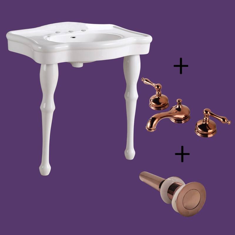 White Porcelain Console Sink China Two Spindle Legs with Rose Gold 8 Faucet