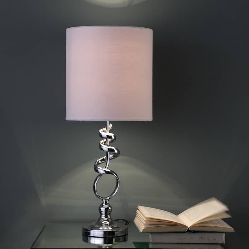 Nickel Metal Bedside Lamp with Off White Linen Drum Shade and Brushed Finish - 5” x 5.38” x 21.5” (D x W x H)