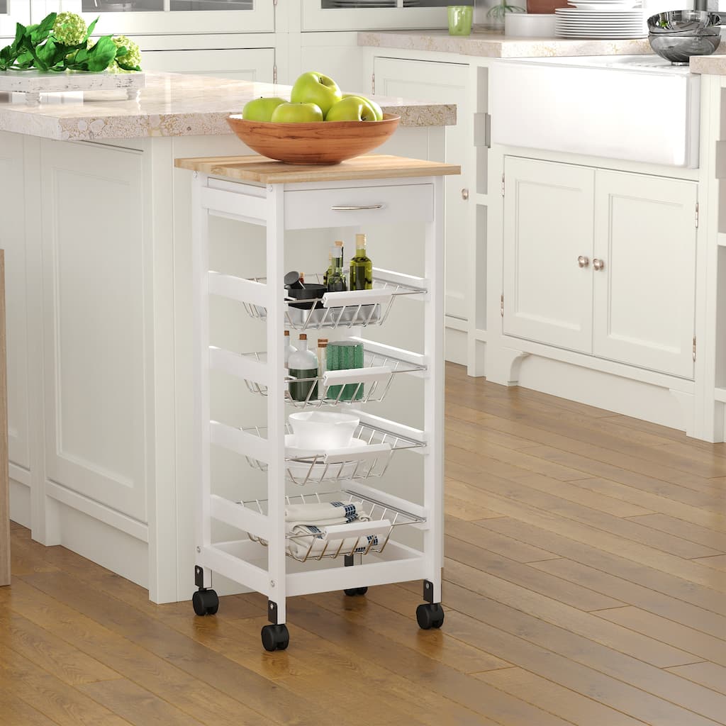 HOMCOM 32.25" Wooden Rolling Kitchen Storage Cart on 360-deg Swivel Wheels with Ample Storage Space & Solid Structure
