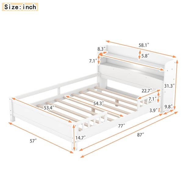 dimension image slide 1 of 2, Full Size Floor Bed Platform Bed with Guardrail and Storage Headboard for Kids, Toddler