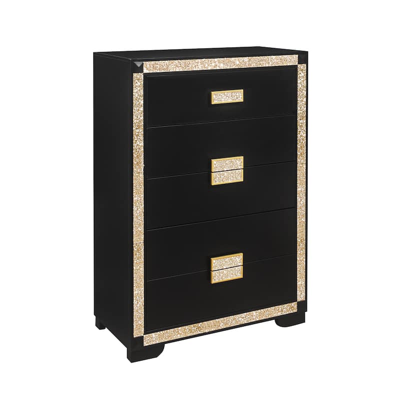HomeRoots 48" Black And Gold Faux Crystal Bling Wood Six Drawer Dresser