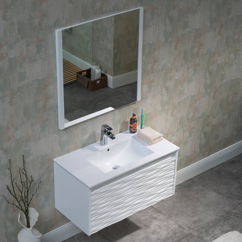 White Floating Vanity / Wall Hung Vanity Set with Mirror