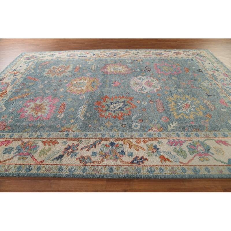 Blue Floral Oushak Oriental Area Rug Handmade Wool Carpet - 8'8"x 12'0"