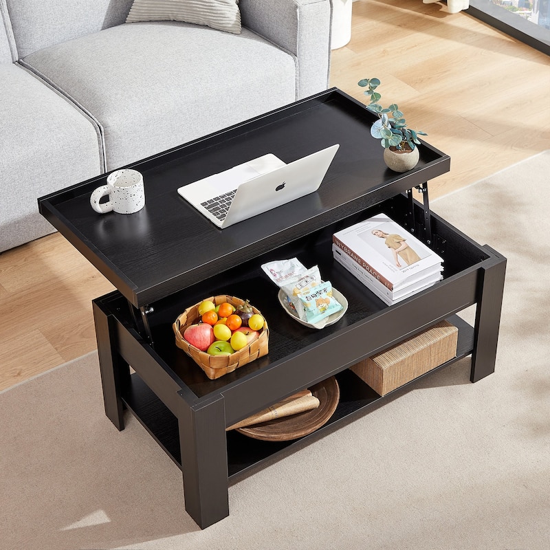 VECELO Lift Top Coffee Table with Hidden Storage and Open Shelves–Modern Center Table for Living Room and Small Spaces