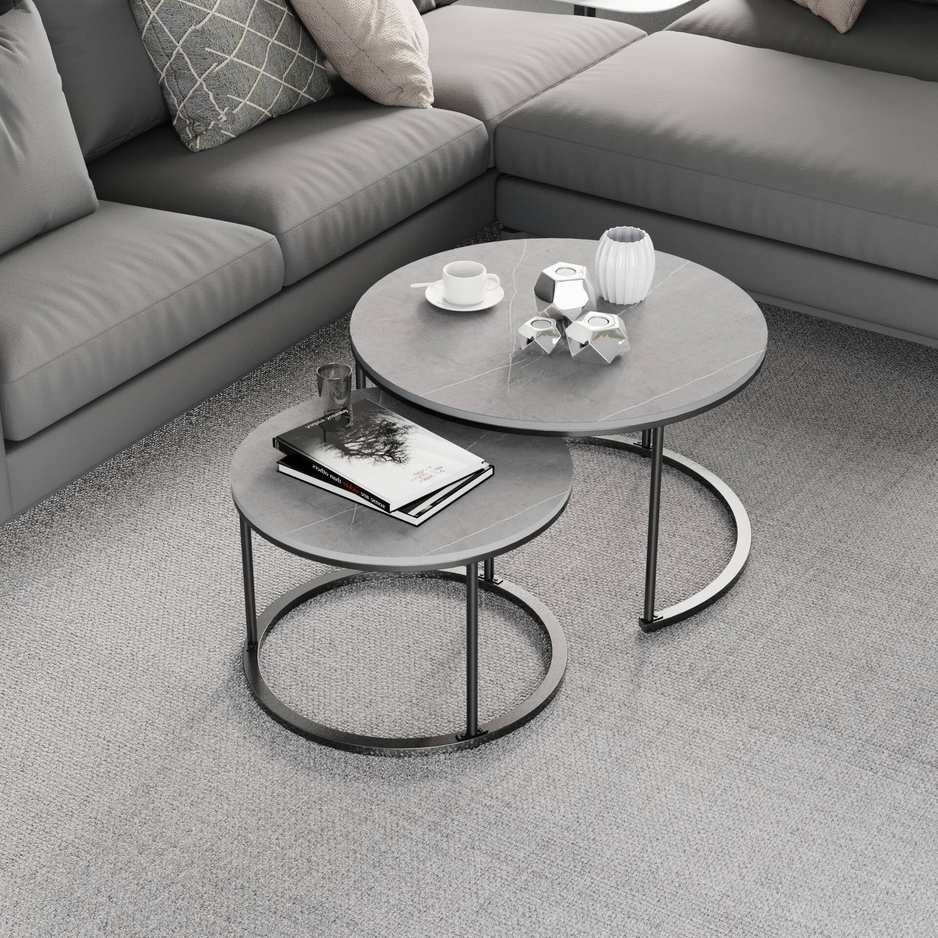 Nesting Coffee Table Black Metal Frame with Round Sintered Stone Top