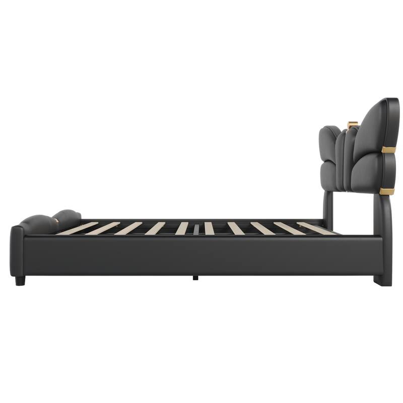Queen Size Upholstered PU Leather Bed Frame with Butterfly Headboard, Gold Metal Decorations, No Box Spring Needed, Black