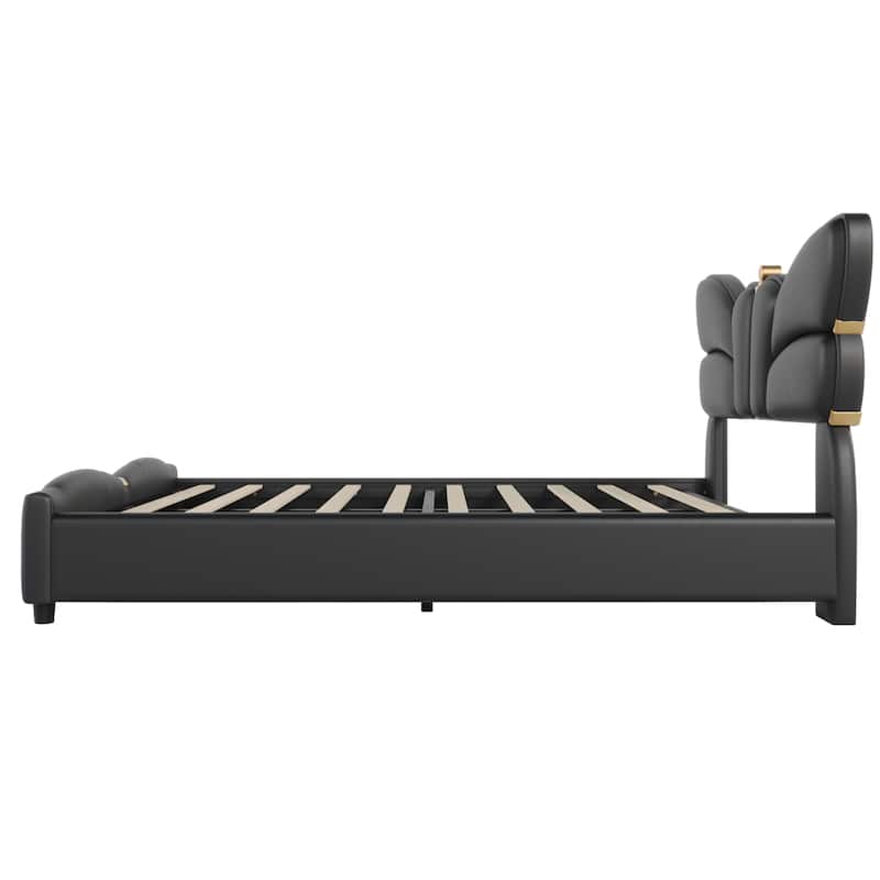 Roomfitters Queen Size Upholstered Platform Bed Frame with Butterfly Headboard, Faux Leather, Gold Accent Trim