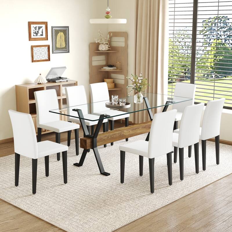 9 Piece Rectangular Glass Dining Table Set, Tempered Glass Dinner Table Set for 8, Kitchen Table Set with 8 Upholstered Chairs
