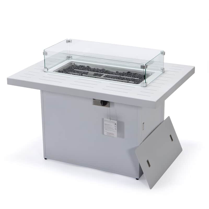 Chelsea Modern Outdoor 55000 BTU Propane Patio Fire Pit Table with Tempered Glass Wind Guard and Decorative Crystal Stones - White