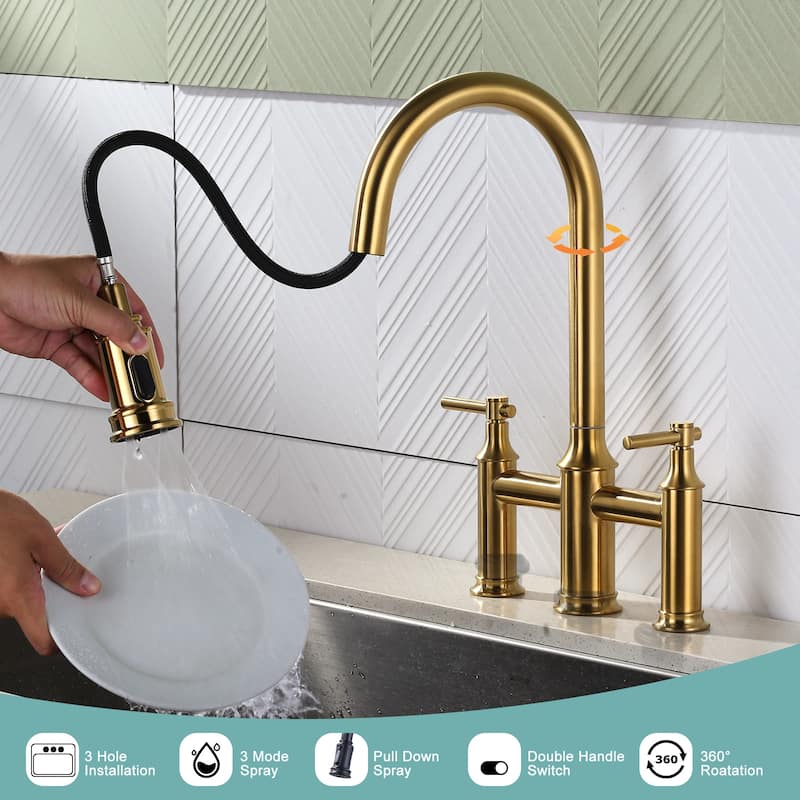 WOWOW Double Handle Pull Down Sprayer Bridge Kitchen Faucet