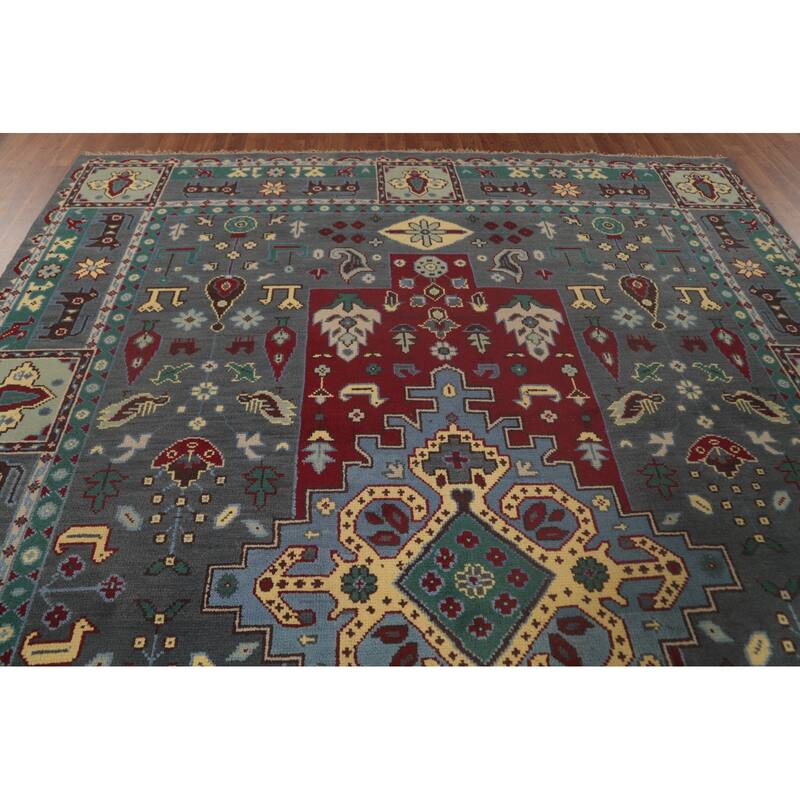 Geometric Grey Kazak Area Rug Handmade Wool Carpet - 8'9"x 11'7"