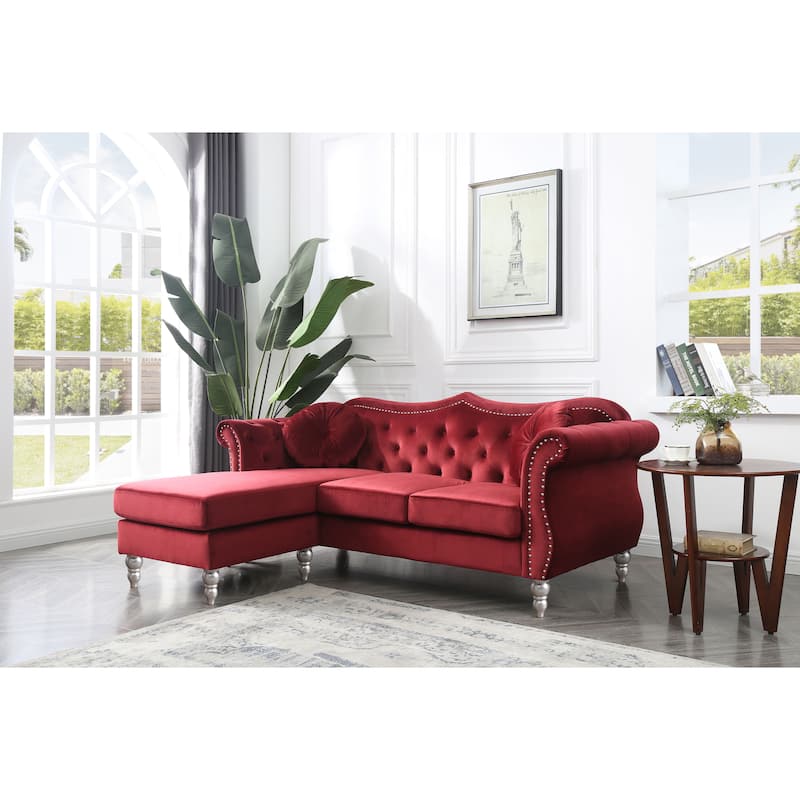 Hollywood Velvet Sofa with Reversible Chaise - Burgundy
