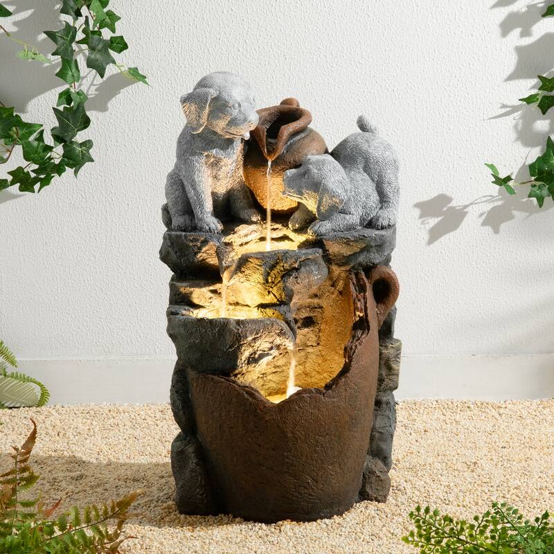 Glitzhome 4-Tiered Dogs or Elephant and Pot Polyresin Outdoor Fountain with Pump and LED Light - Multi - 23.5"H
