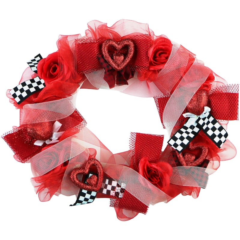 Fraser Hill Farm 20-In. Valentine's Day Ribbon Wreath w/Roses, Bows, Glitter Hearts, Festive Hanging Door, Wall Decoration