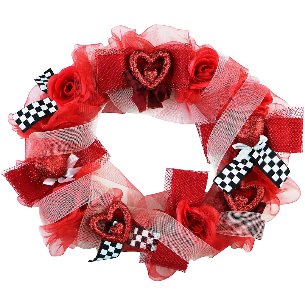 Fraser Hill Farm 20-In. Valentine's Day Ribbon Wreath w/Roses, Bows, Glitter Hearts, Festive Hanging Door, Wall Decoration