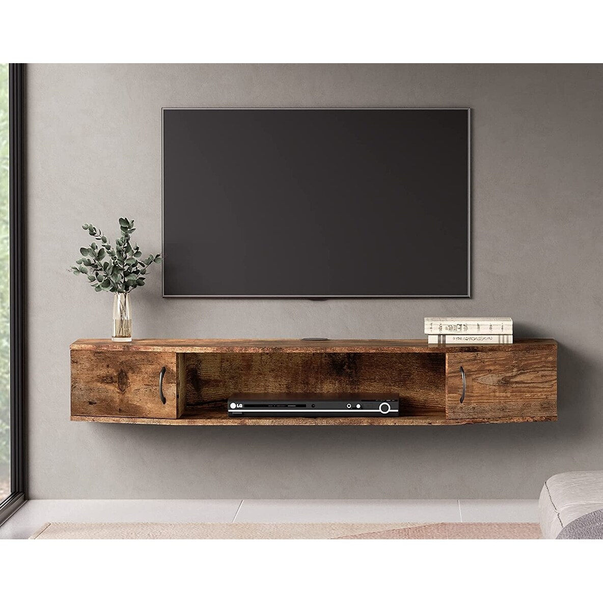 Floating TV Stand Wall Mounted Shelf,Wood Media Console Entertainment Center Under TV, Cabinet Hutch Desk Storage for Living Room,Rustic Brown