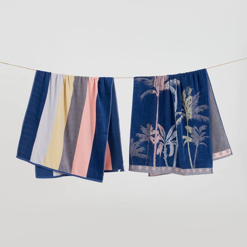 Luxurious Cotton Printed Beach Towel - 30" x 60" - Palm Trees / Stripe