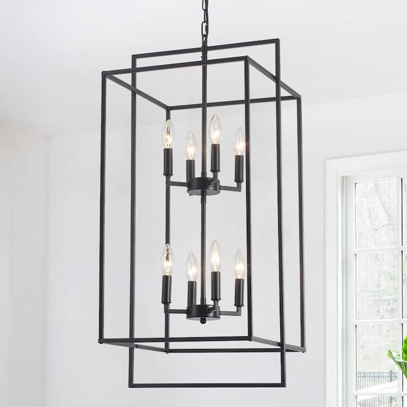 15.74inch Cage Two-tier 8-light Height Adjustable Metal Frame Chandelier for Multiple Different Spaces - Black