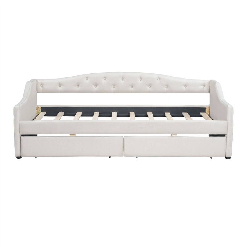 Twin XL Size Daybed with LED Belt and 2 Storage Drawers, Upholstered Daybed Frame Sofa Bed with Slats Support for Bedroom