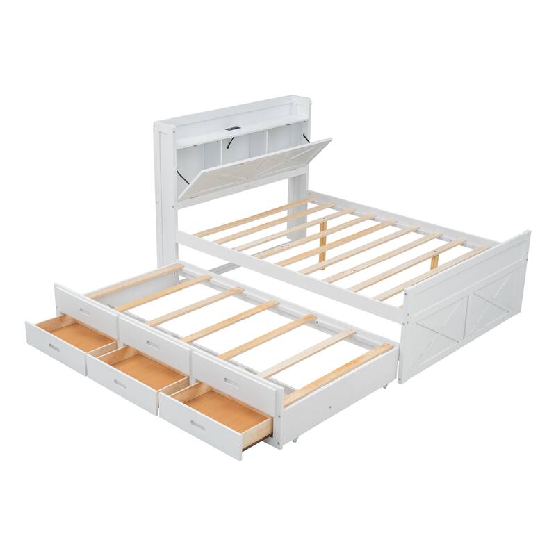 Full Size Wooden Storage Bed with Headboard Outlets, Extendable Trundle and Three Drawers, White