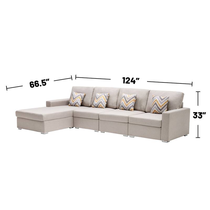 Linen Fabric 4 Piece Reversible Sectional Sofa Chaise with Pillows and Interchangeable Legs in Beige