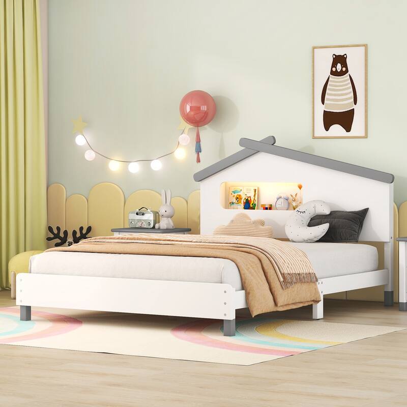 Full Size Wood Platform Bed with House-shaped Headboard and Motion Activated Night Lights