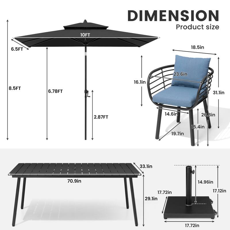 9-Piece Outdoor Patio Dining Set w/10 ft Umbrella and Base Aluminum Dining Table and Chairs with Sunbrella Cushion